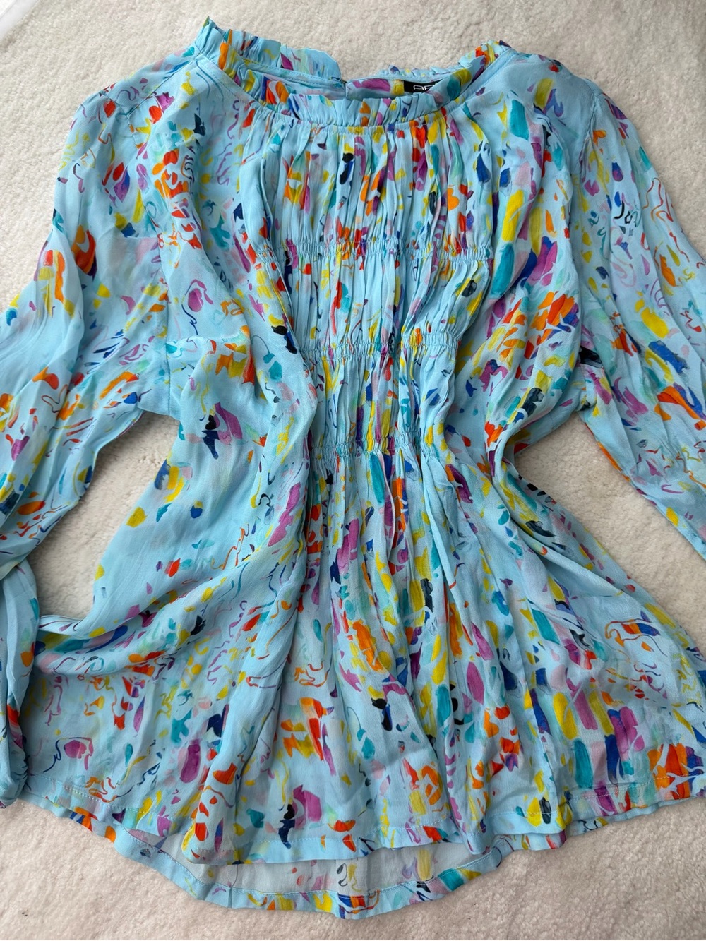 APNY Ruched Lightweight Smocked Light Blue Abstract Multicolor Peasant Blouse